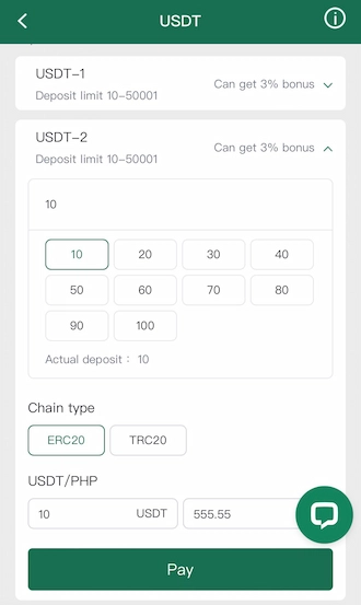 Step 3: Please enter the amount you want to deposit and choose one of the two chain types: TRC20 and ERC20.