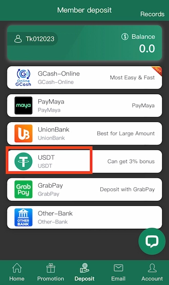Step 2: Choose the deposit method as USDT.