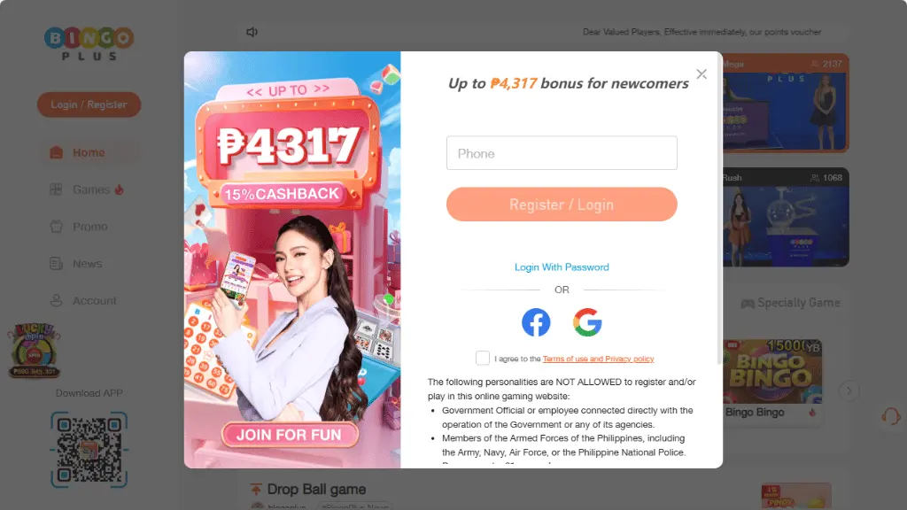 bingoplus register and login screen